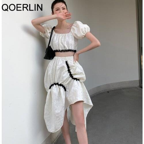 Ballet Dancer Skirts Suit Women Summer Texture Jacquard Crop Top Irregular Pleated Long Skirt Plus Size Mesh Patchwork Sets Girl