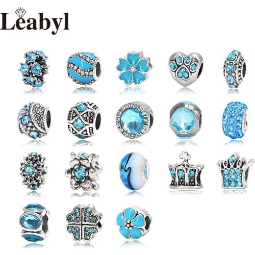 4PCS/LOT Leabyl Blue Style Floral Crown Heart Beads fit Original Bracelets & Bangles Fashion Crystal Alloy Charm