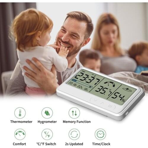 Digital Hygrometer Electronic Temperature Humidity Meter Gauge with Time Date LCD Display Clock Indoor Thermometer Hygrometer