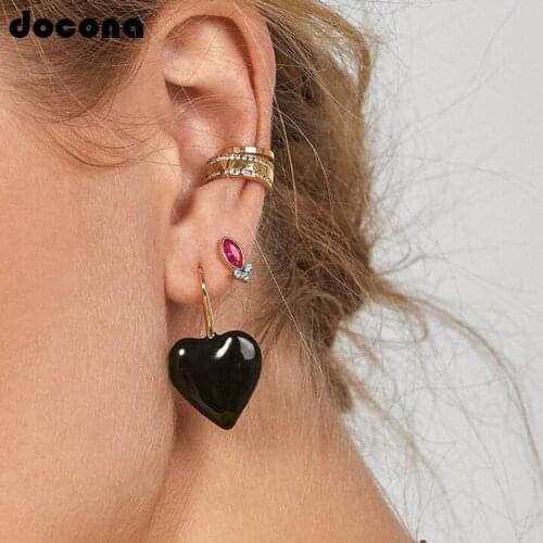 Docona Punk Black Heart Shape Dangle Drop Earrings For Women Ladies Simple Love Piercing Earrings Party Jewelrt Gift C16105