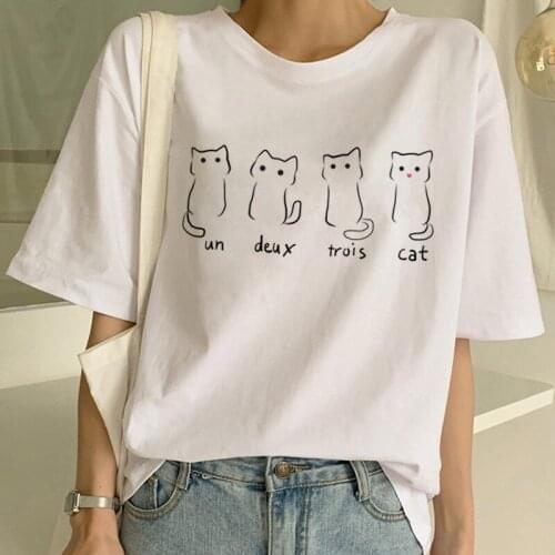 Kawaii Cat T Shirt Meow Women Funny Cartoon Print Tshirt Harajuku 90s Graphic T-shirt Summer Short Sleeve Fashion Top Tee Female