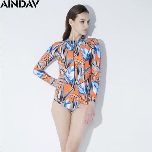 Aindav New Arrival Print Swimwear Long Sleeve Swimming Bodysuit One piece Swimsuit Push Up Women Bathing Suit Zipper Monokini