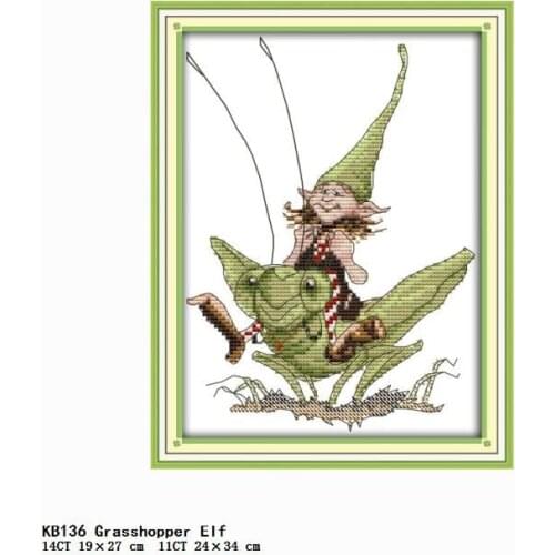 Grasshopper Elf Joy Sunday Embroidery Needlework Counted Patterns 11CT 14CT Printed Threads Stamped Home Decor Cross Stitch Kits