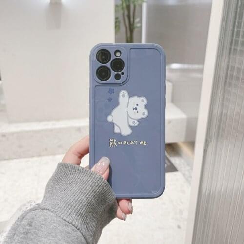 Cute Cartoon Bear Print Frame Phone Case For iPhone 12 Pro 11Pro Max X XS XR 7 8 Plus 12mini Retro blue Soft Silicone Cover Capa