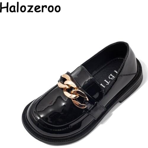 New 2021 Autumn Kids Princess Shoes Baby Girls Brand Dress Flats Children Chain Patent Leather Loafers Slip On Black Moccasin