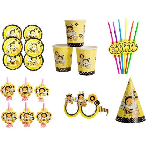 Cute Yellow Bee Party Disposable Tableware Paper Cup Plate Straw Napkin Glasses Cap Baby Shower Birthday Party Supplies Kid Gift