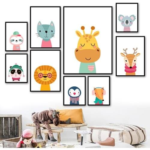 Giraffe Panda Koala Deer Lion Fox Cat penguin Wall Art Canvas Painting Nordic Posters And Prints Wall Pictures Kids Room Deco