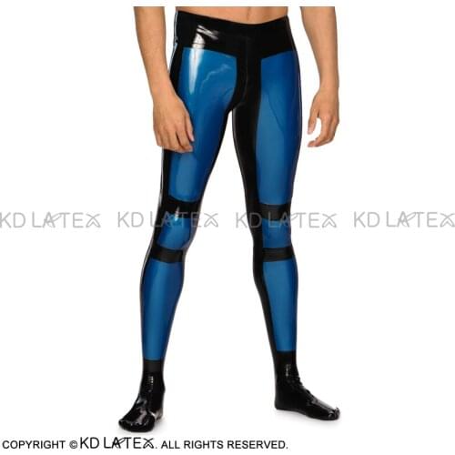 Metallic Blue With Black Trims Sexy Latex Pants With Feet Socks Rubber Trousers Bottoms CK-0080