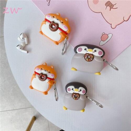 Cartoon penguin shiba Inu doughnut 3d silicone wireless bluetooth headset earpods cover for airpods 1 2 3 cases hook keyring