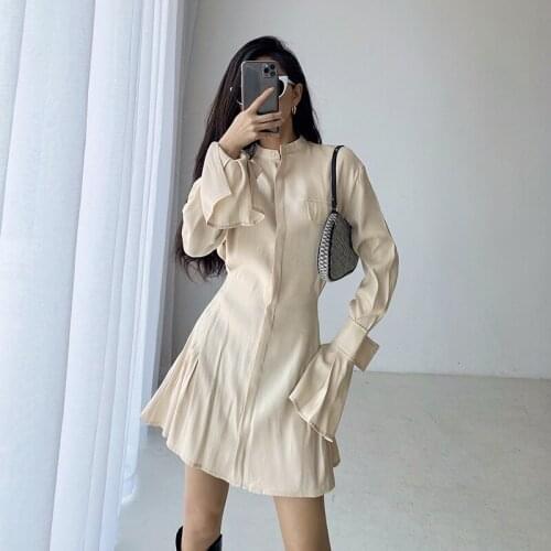 TVVOVVIN Spring Autumn College Style Turn-down Collar Shirt Dress Flare Sleeve A-line Single Breasted Dresses Sexy Ladies JJUN