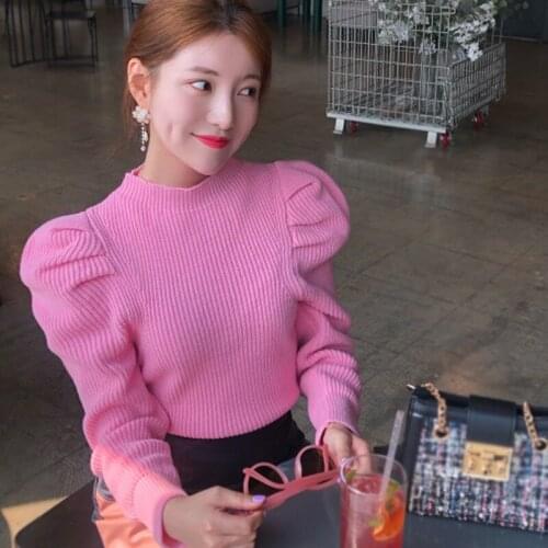 Puff Sleeve Crop Sweater Turtleneck Pink Purple Women Pullover Korean Style Chic Vintage Blusa Termica Cute Blusa Tricot Autumn
