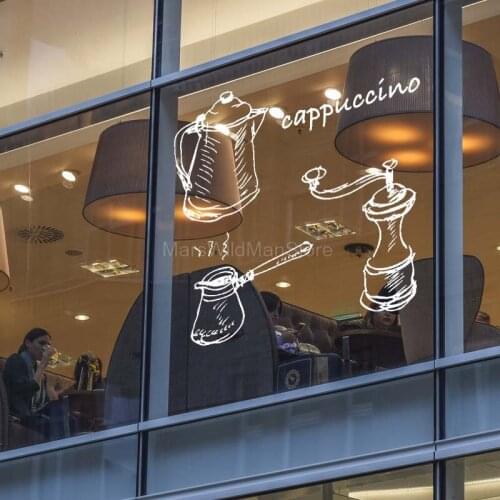 Coffee Shop Sign Mug Coffee Bean Grinder Logo Capuccino Cafe Decor Coffee Pot Wall Decal Sticker Vinyl