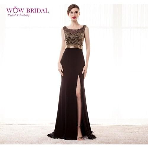 Wowbrial Sexy Long Evening Dress 2021 Scoop Tank Sequins Beaded Open Back Taffeta High Split Mermaid Ruched Women Formal Dress