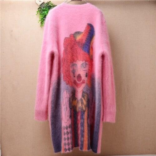 Pull femme women clothing mink cashmere knitted pink clown pattern deep v-neck loose long cardigans angora jacket coat sweater