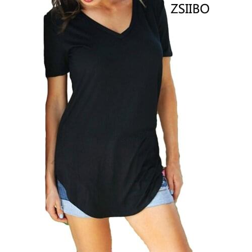 Summer Shirt Large Sizes Women T shirt Solid V Neck long Short Sleeve Rounded Hem Long Casual Top female Tunic