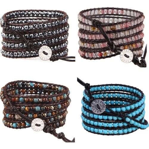 KELITCH Stone Beads 5 Wrap Crystal Bracelets Leather Jewelry for Women Elegant Cuff Bracelet Trendy Decorations Girls