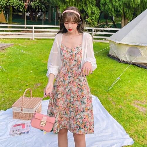 Summer Suspender Dress Suit Women Vintage Sweet Two-piece Set 2021 New Womans French Floral Mini Dress+White Cardigans
