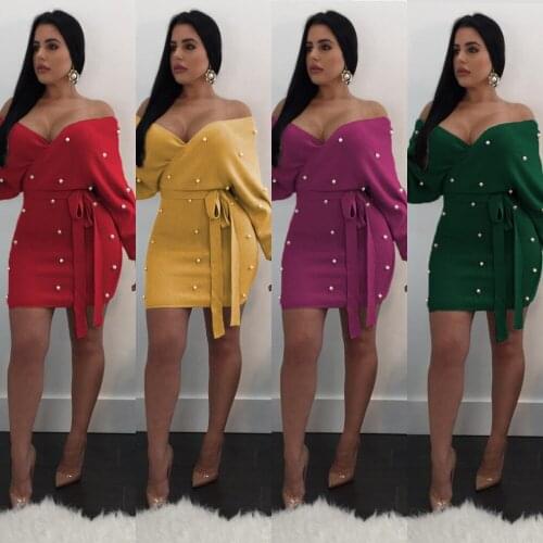 Weweya Pearl Party Dress Sexy Deep V-Neck Backless Dress Beading Dress Woman Long Sleeve Lace Up Elegant Mini Dresses Vestidos