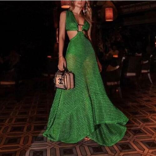 2020 New Summer Fashion Womens Beach Bohemian Style Sleeveless Halter See-through Hollow Out Green Party Maxi Holiday Sundress