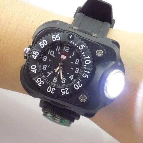 3 in 1 super bright LED wrist watch light flashlight with compass outdoor sports mens Waterproof rechargeable watchlamp torch