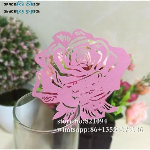 50pcs Free Shipping Rose flower laser Cutting Place name seat party Invitation Cup Cards for Wine Glass party supplies