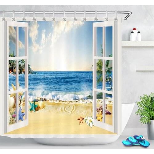White Wooden Window Sea Beach Shower Curtain Waterproof Starfish Tropical Palm Trees Ocean Bedroom Curtains Set With Hooks