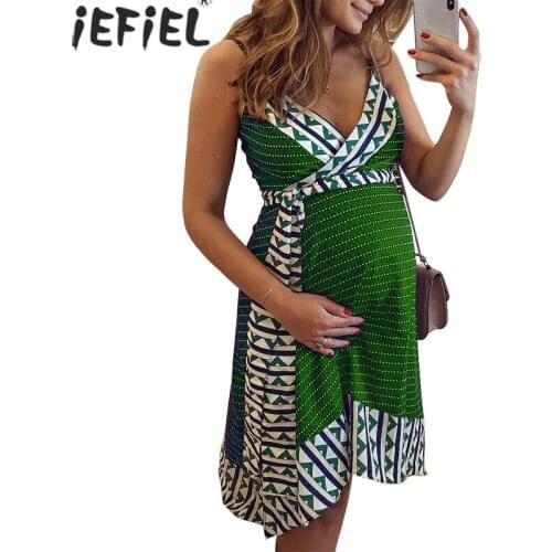 Maternity Dress Summer Spaghetti Strap V-neck Geometry Pattern Printed Sleeveless Loose Sexy Pregnancy Women Dress with Belt