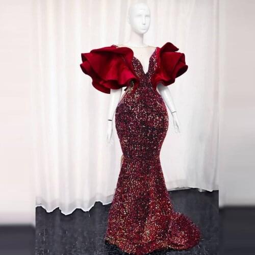 Sparkling Aso Ebi Evening Gowns Plus Size Ruffles Puffy Sleeves V Neck Mermais Sequins Women South Africa Prom Dress