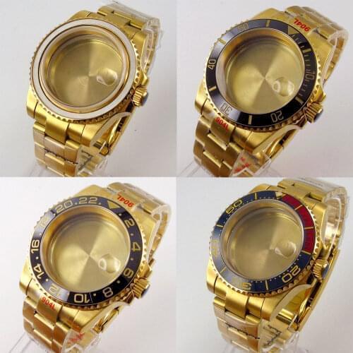 40mm Gold Plated Sapphire Watch Case+Oyster Bracelet Fit For NH35 Miyota 8215 821A ETA 2836 Movement Date Cyclops