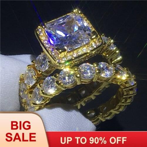 Female Vintage ring set Yellow Gold Filled 925 silver Round AAAAA Cz Stone Engagement wedding band ring for women Bridal Jewelry