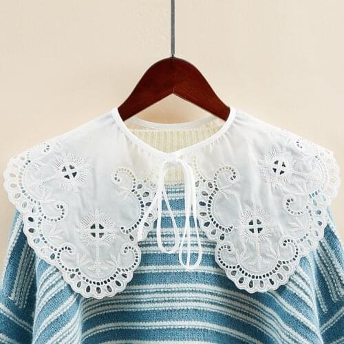 Korean Big Laple Fake Collar for Women Flower Embroidery Hollow Lace Detachable Collars False Collar Female Shawl Decorative