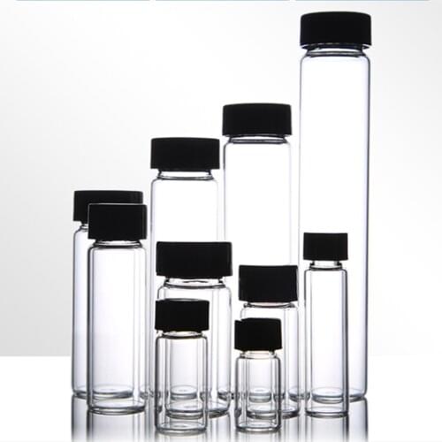 20pcs/pack 3ml to 60ml Clear Glass sample bottles with black plastic screw cap, essential oil bottle for lab use