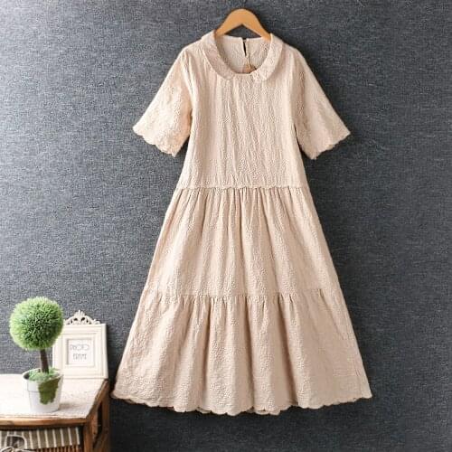 Lamtrip Boutique Surface Wheat Dots Embroidery Peter Pan Collar Cotton Short Sleeve Dress Robe 2021 Summer
