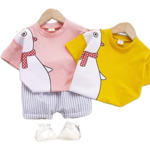 Summer Childrens Short Sleeve T-shirt Shorts Boys Girls Baby Cartoon Loose Printed Thin Tops Jeans Two-piece Suit Kids Clothes