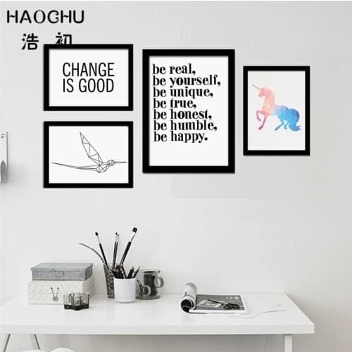 HAOCHU Minimalist Typography Inspirational Quotes Change is Good Unicorn Canvas Painting Wall Picture Poster Office Home Decor