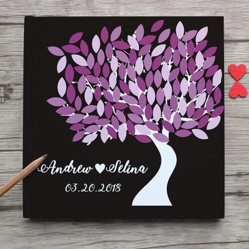 Custom White Wedding Guest Book,Personalized Tree Purple Leaves Wedding Guest Book Alternatives Sign,Retro Photo Album