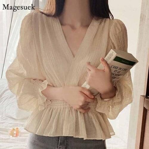 Autumn Pleated Sweet Slim Shirt Casual Lady Tops Korean Style V-neck Elastic Waist Elegant Puff Sleeve Blouse Women Blusas 12728