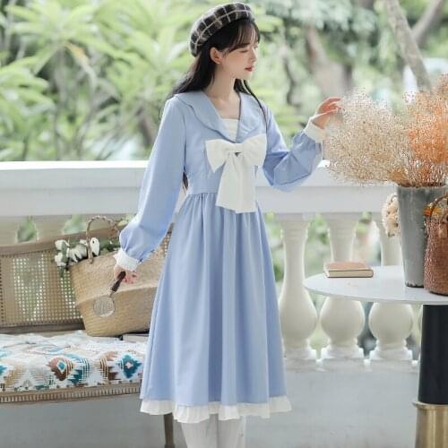 French Girl Dress Kawaii Fall Bowknot Sweet Gentle Blue Lotus Leaf Stitching Doll Collar Lovely Dress Y2K Womens Clothing 2021