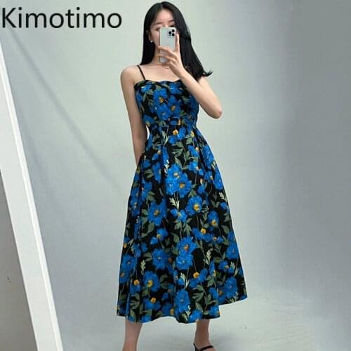 Kimotimo Print Spaghetti Strap Dress Women Summer Lightly Ripe Square Collar Slim Mid-length Dresses Korean Chic Fashion Clothes