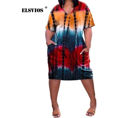 Sexy Loose Tie-Dye Print V-Neck Contrast Color Dress Summer Fashion Casual Pocket Beach Mid Sundress Women Short Sleeve Vestidos