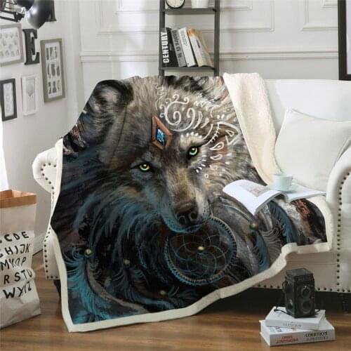 Wolf Warrior by SunimaArt Beds Blanket Sherpa Fleece Plush Bedclothes Indian Wolf With Dreamcatcher Throw Blanket cobertor