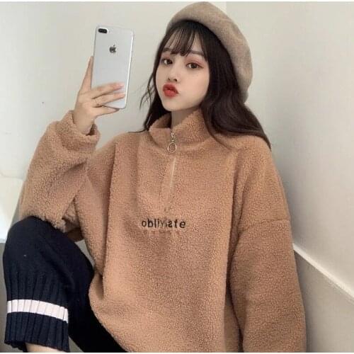Long Sleeve Zipper High Neck Faux Lambswool Pullovers Crop Tops 2019 Autumn Winter Women Fashion Solid Coat Sweatshirt Jacket