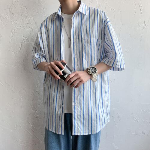Summer Cotton Striped Shirt Mens Fashion Loose Casual Shirt Men Short Sleeve Shirt Streetwear Korean Society Mens Dress Shirt
