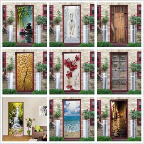 3D Vision Self Adhesive PVC Wallpaper On The Door For Living Room Bedroom Removable Wall Sticker Home Design Art Decal DIY Mural