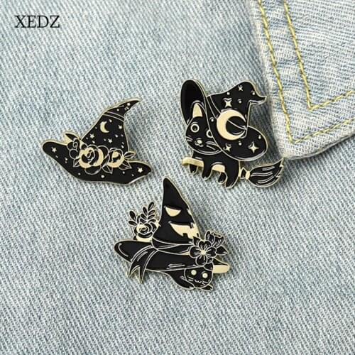 XEDZ Cartoon Black Magic Cat Magic Hat Enamel Brooch Fashion Animal Flower Witch Hat Broom Badge Costume Decoration Gift