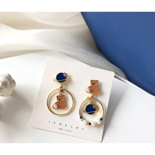 925 silver needle Cute bear asymmetrical dream beautiful planet earrings