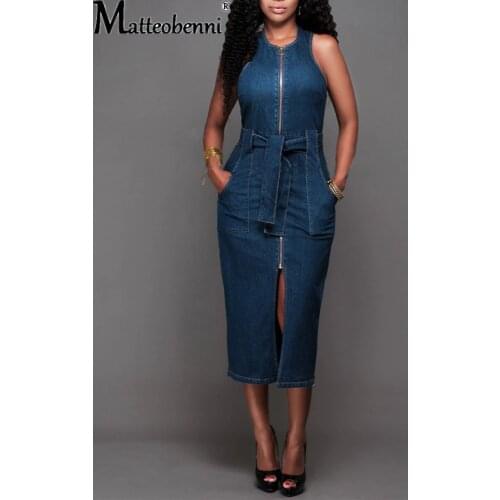 2021 Summer Fashion Dress Women Sexy High Waist Sleeveless Front Pocket Belt Zipper Slit Slim Bodycon Ladies Denim Dress Robe