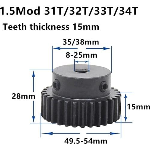 1.5M 31T 32T 33T 34T High frequency blackening Spur Gear pinion teeth width 15mm 1.5mod gear rack 33teeth bore 6-25mm