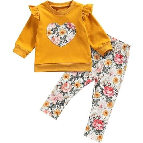 2PCS Set Kids Baby Girl Long Sleeve Flower Heart Pullover Sweatshirt Tops Floral Long Pant Outfits Autumn Clothes