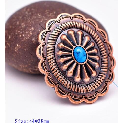 6pc 44*38mm Retro Copper Flower Pattern Turquoise Concho Button For Leathercraft Concho Belt Luggage Bag Backpack Bag Ornament